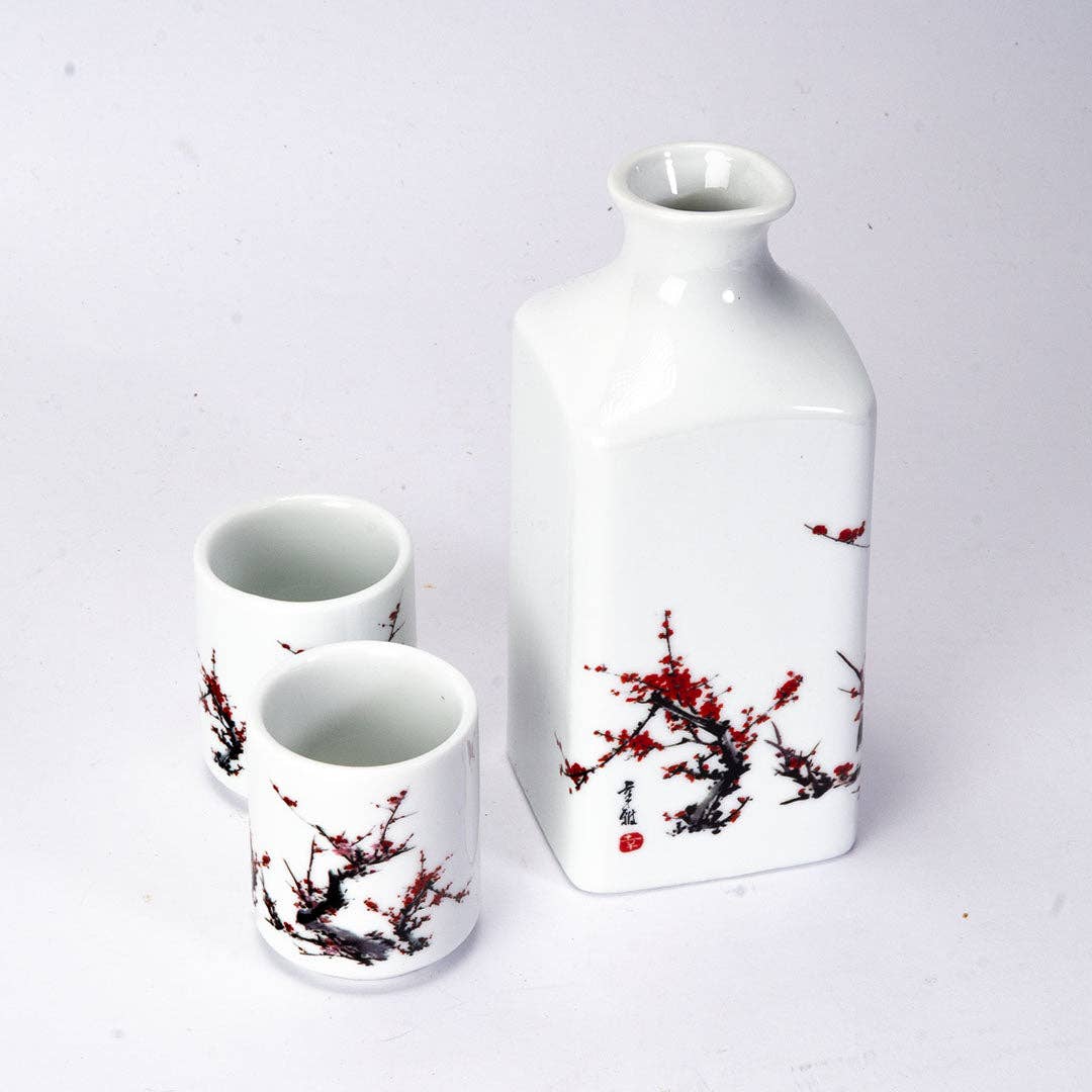 Cherry Blossom Porcelain Sake Gift Set with Bottle and 2 Cups