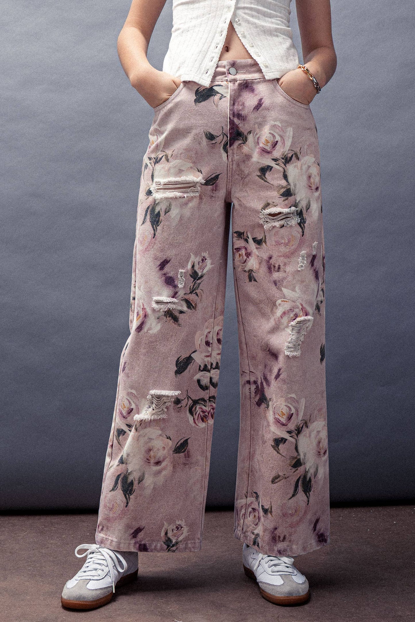 Rose Print High-Rise Denim Pants
