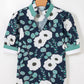 Blue Floral Print Striped Patchwork V Neck Short Sleeve Blouse