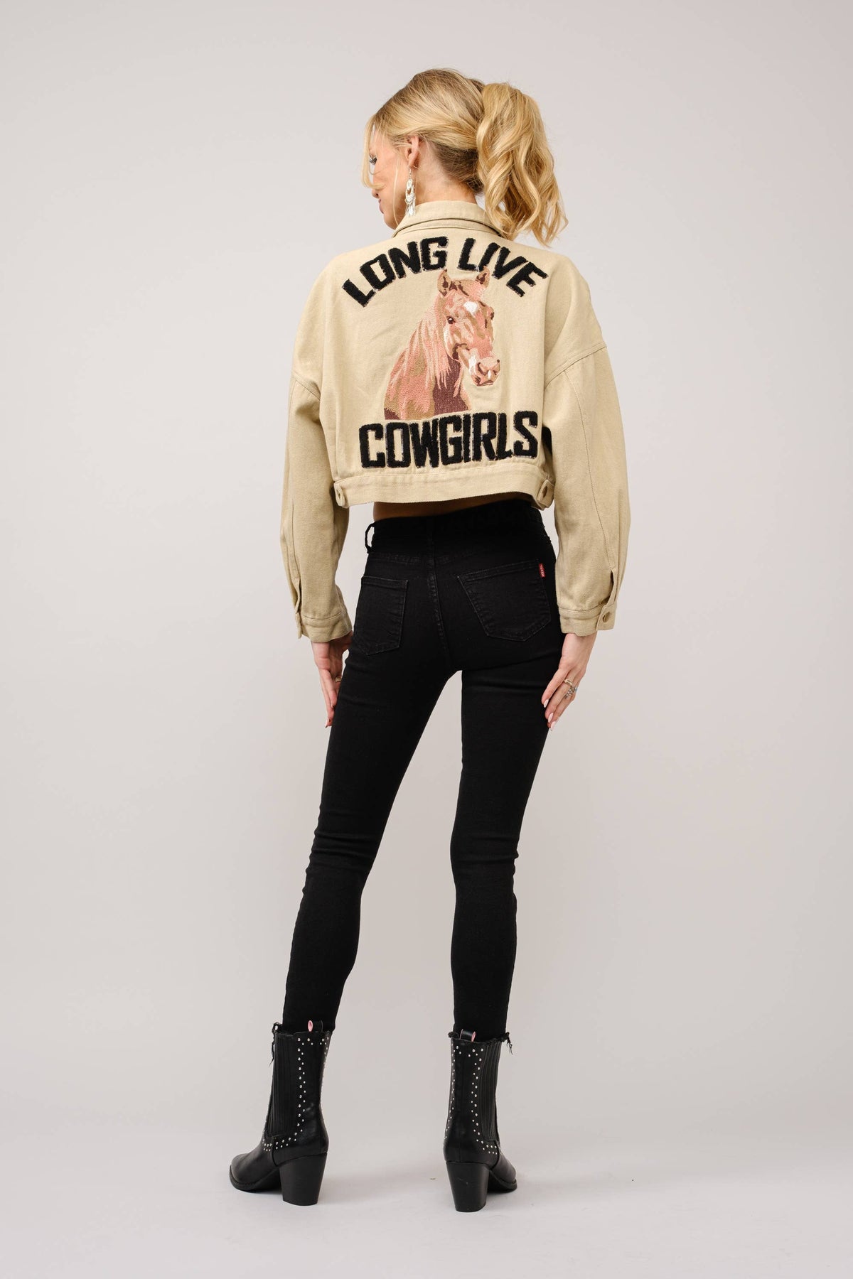 Long Live Cowgirls Patch Twill Denim Jacket: TAUPE