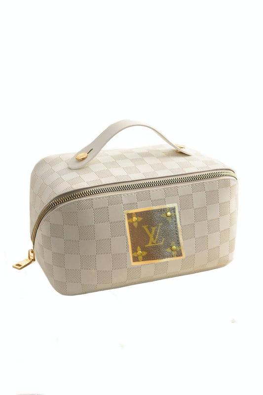 Upcycled Checkered Tone Makeup Travel Pouch: Beige