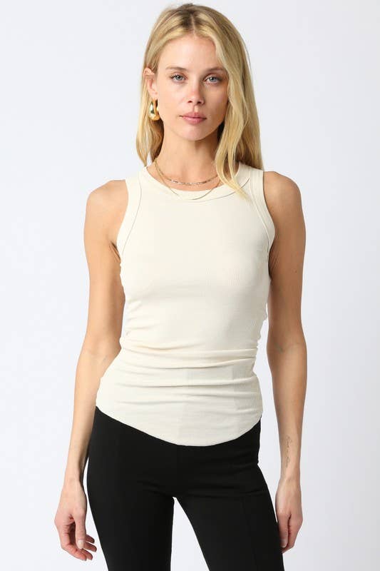 Ribbed Fitted Scoop Neck Tank Top: Ecru