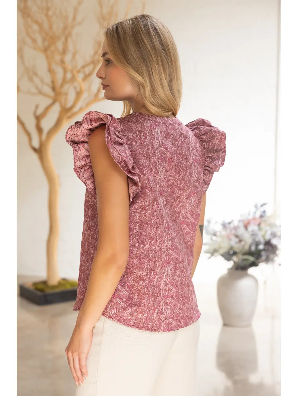 Ruffled Cap Sleeve Jacquard Top