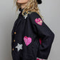 Notched Collar Star & Heart Applique Relaxed Blazer Jacket: Black / S