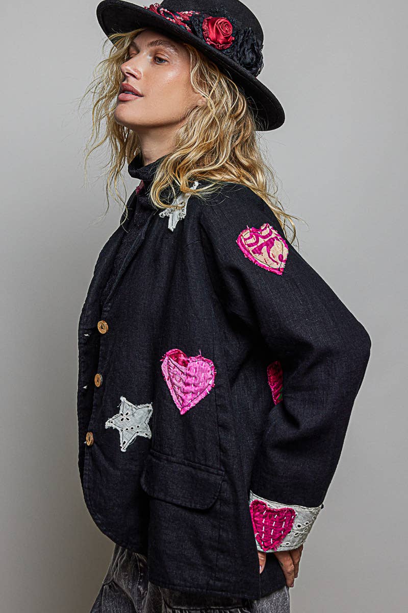 Notched Collar Star & Heart Applique Relaxed Blazer Jacket: Black / S