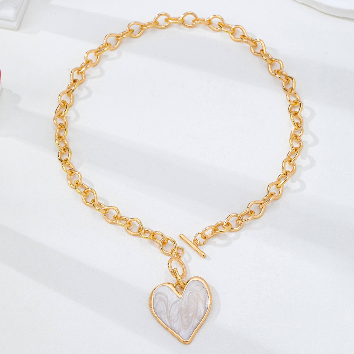 White Inlay Heart Toggle Necklace Gold