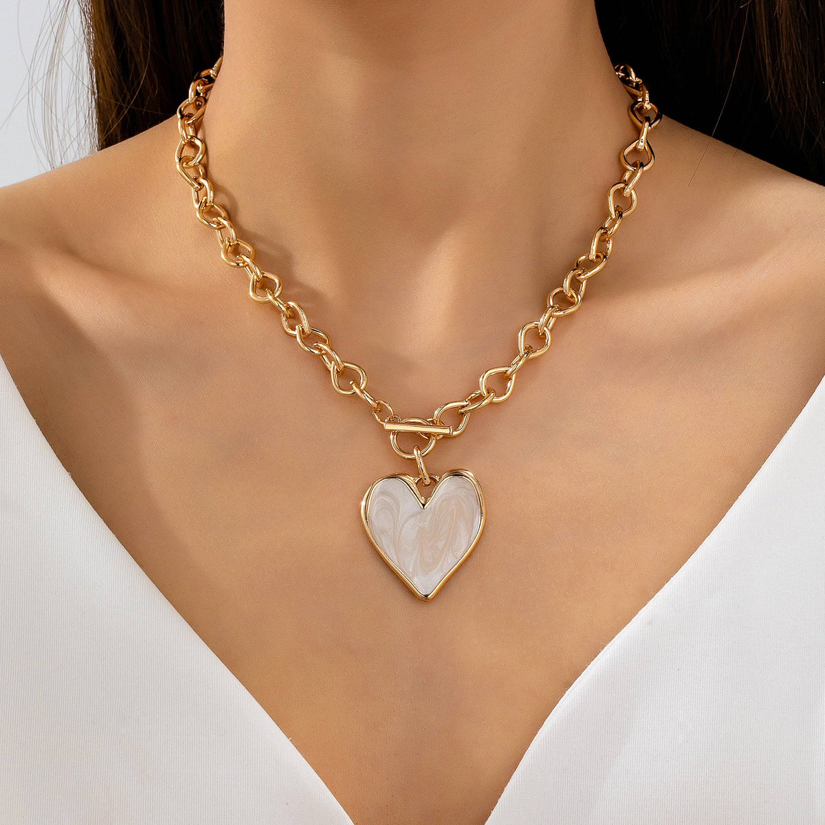 White Inlay Heart Toggle Necklace Gold