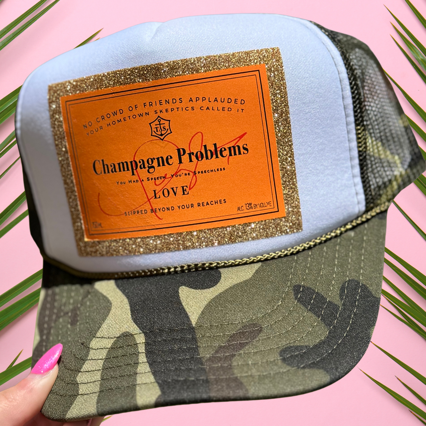 "Champagne Problems" Camo Glitter Trucker Hat : White