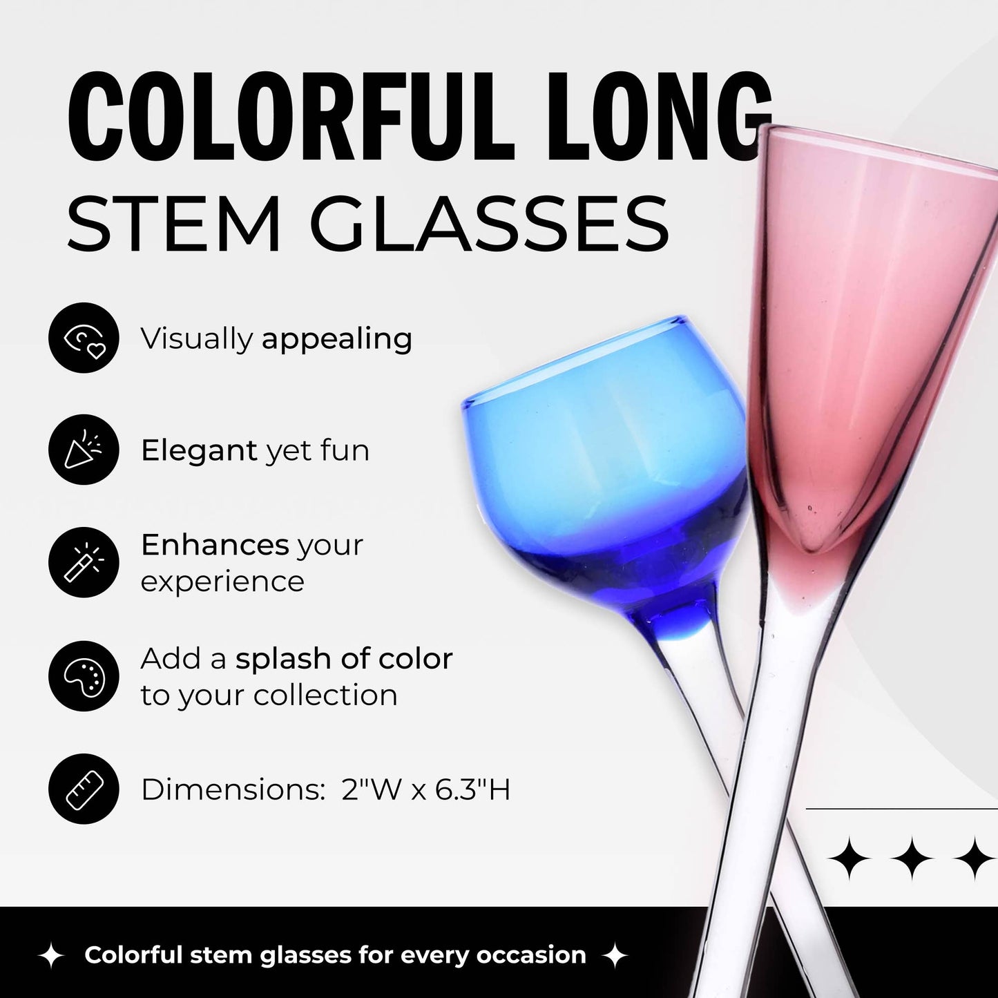 Set of Six Stemmed Colorful Cordial Glasses