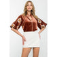 Embroidered Puff Sleeve Velvet Top: RUST