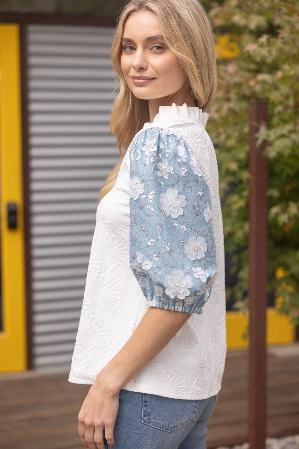 3-D Floral Contrast Sleeve Texture Top