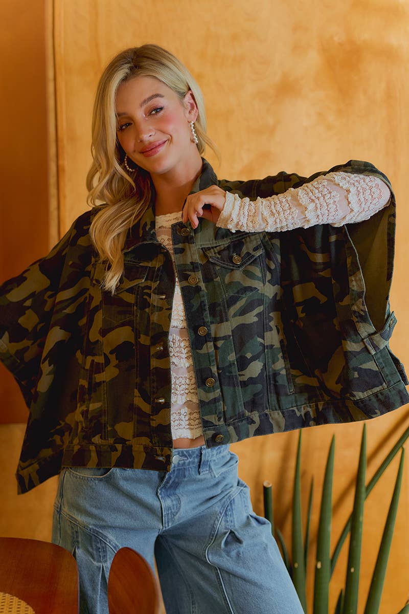 PREORDER WOMEN OVERSIZED CAPE SLEEVE DENIM TRUCKER JACKET: CAMOUFLAGE