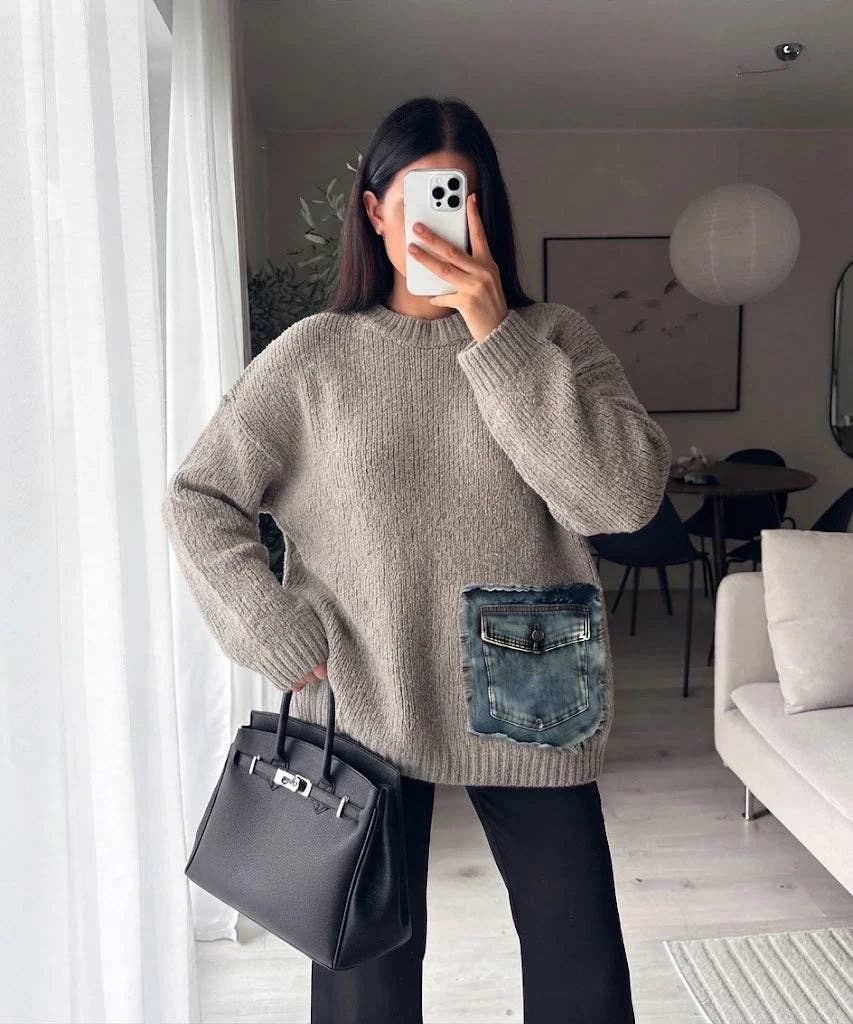 Taupe Mohair Denim-Pocket Sweater
