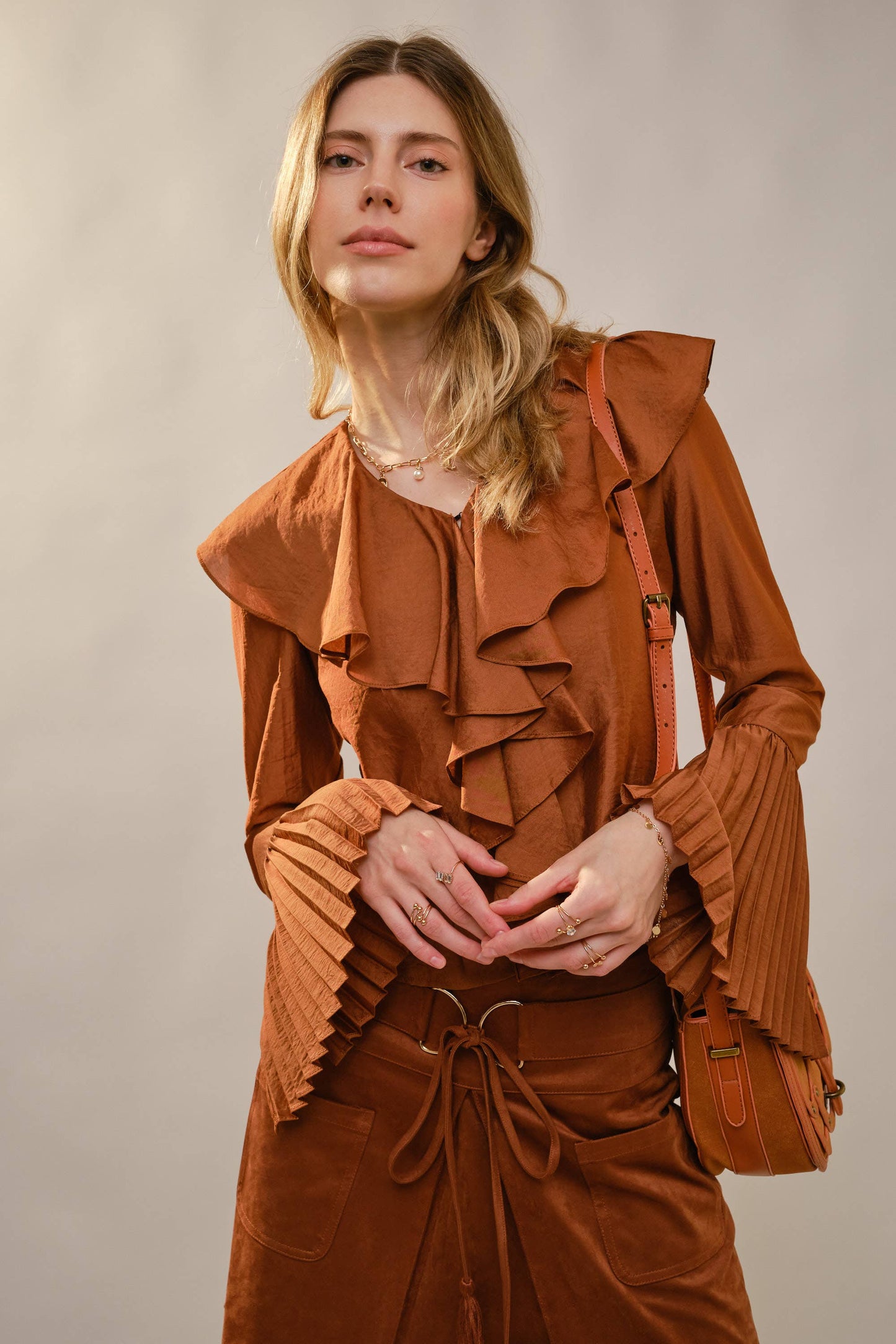 Khaki Pleated Ruffle Detail Blouse