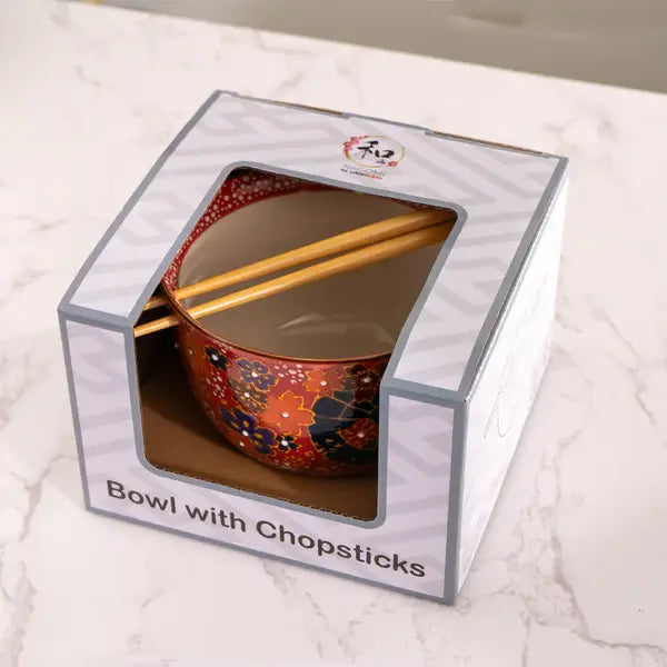 Floral Design 18oz 5.25"D Bowl With Chopsticks Set