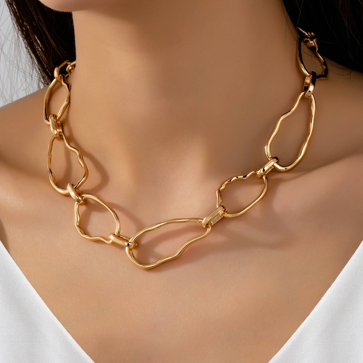 Artisanal Hammered Organic Link Necklace GOLD