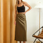 SATIN SLIP MIDI SKIRT: OLIVE