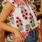 White Floral Print Contrast Striped Trim Flutter Cotton Blouse