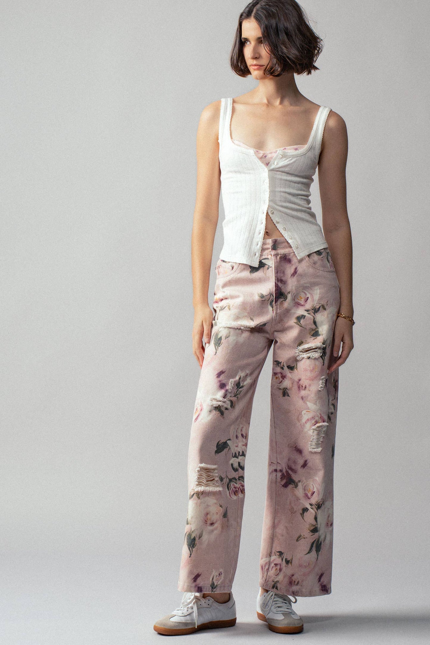 Rose Print High-Rise Denim Pants