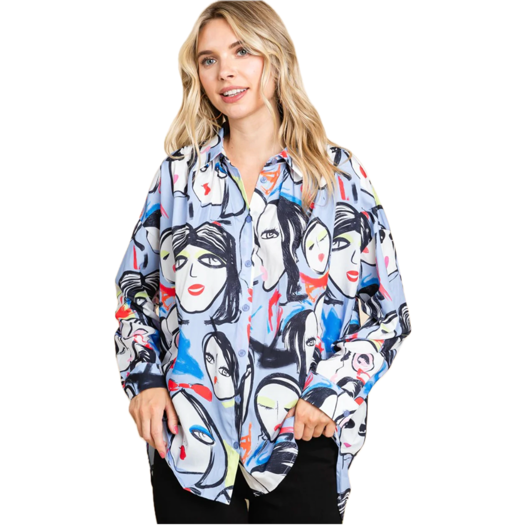 Modern Face Print Button Up Top