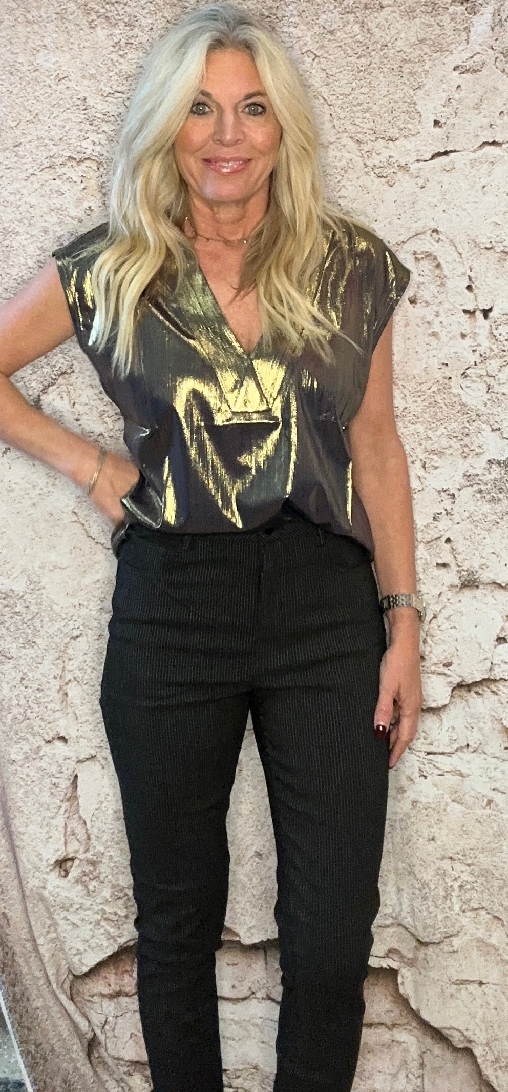 Gold V neck iridescent top