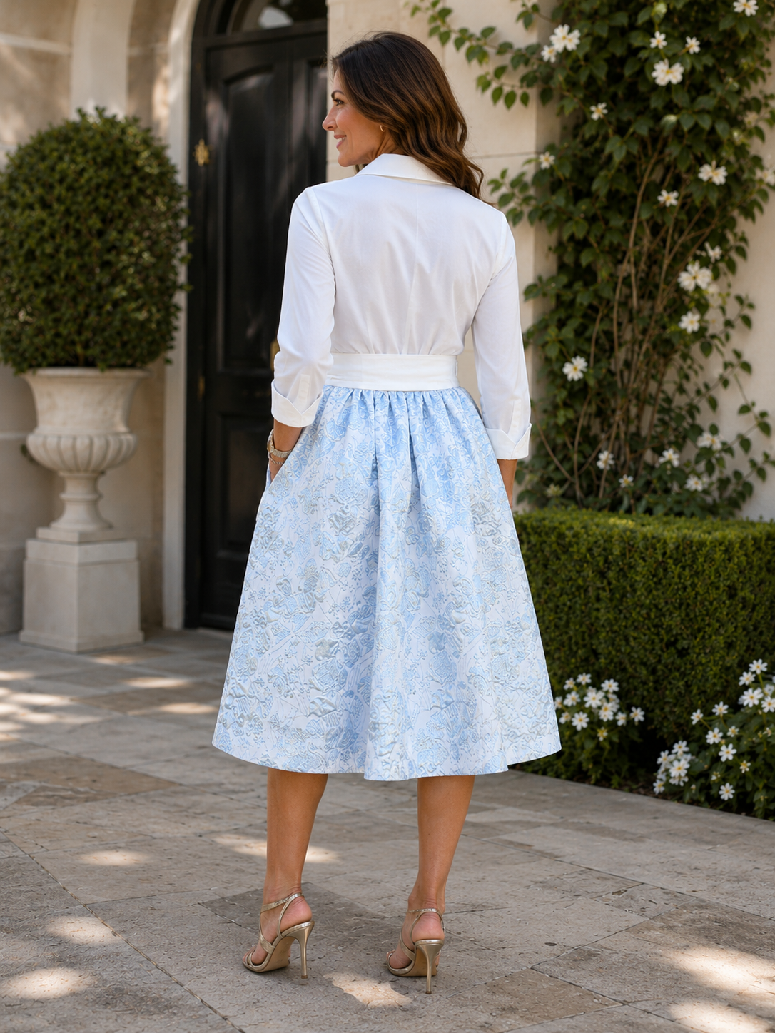 Posh Couture Shirt Dress w/Brocade Skirt