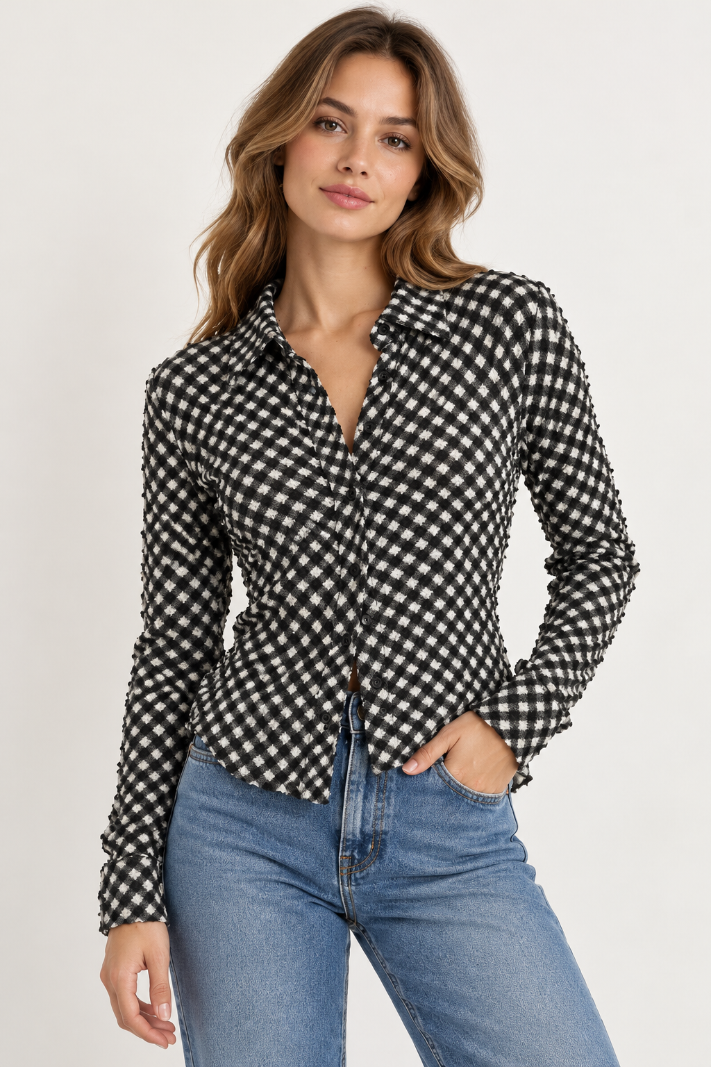 Opaline Black Gingham Button-Up Blouse