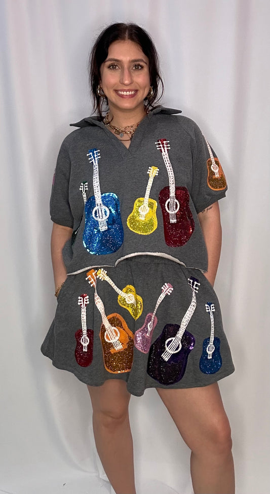 Queen of Sparkles Charcoal & Rainbow Guitar Collar Top