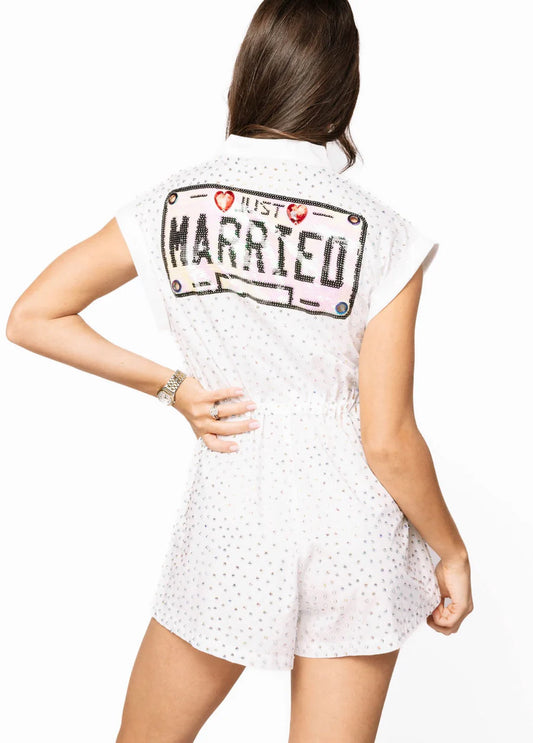 White Rhinestone Just Married Romper