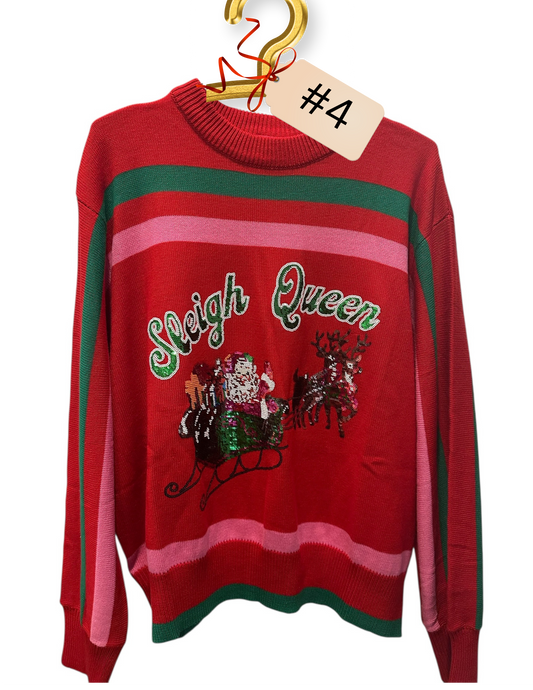 'Sleigh Queen' Stripe Sweater Red