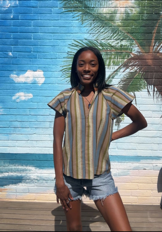 Short Sleeve Striped V-Neck Top