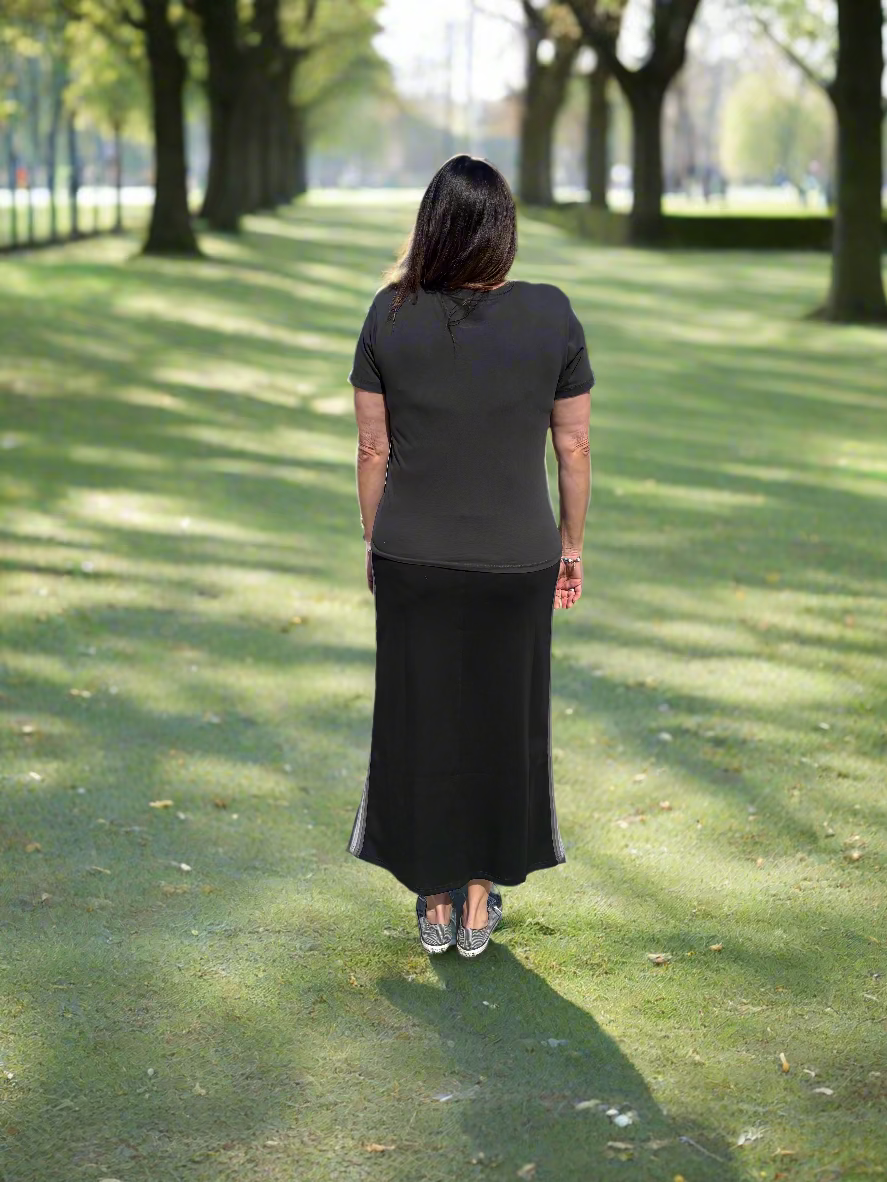 Black Midi Skirt with Grey Stripe