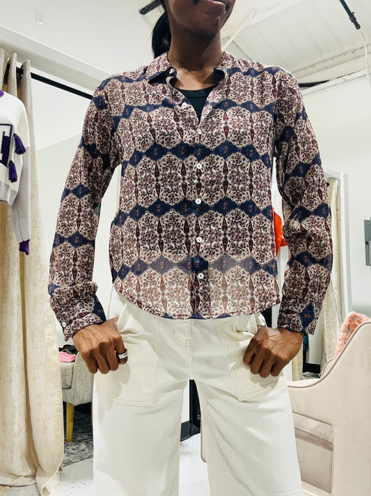 Geo Check Cotton Chiffon Blouse