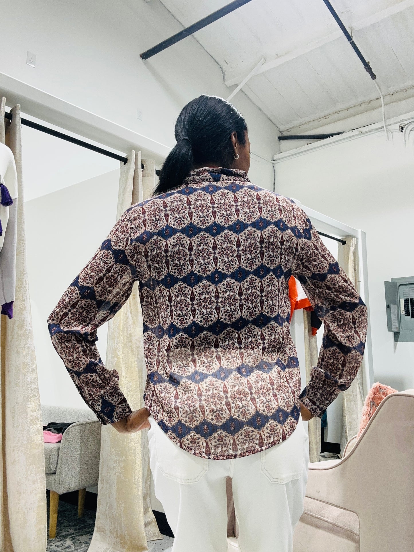 Geo Check Cotton Chiffon Blouse