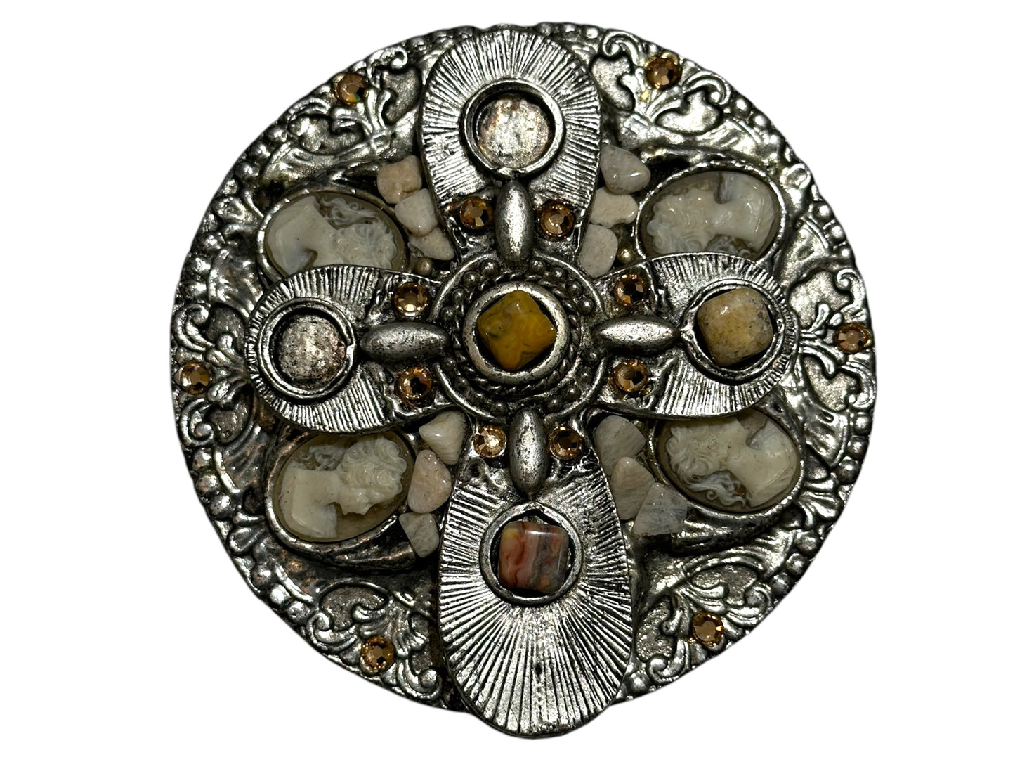 Silver Cameos and Stones Belt Buckle