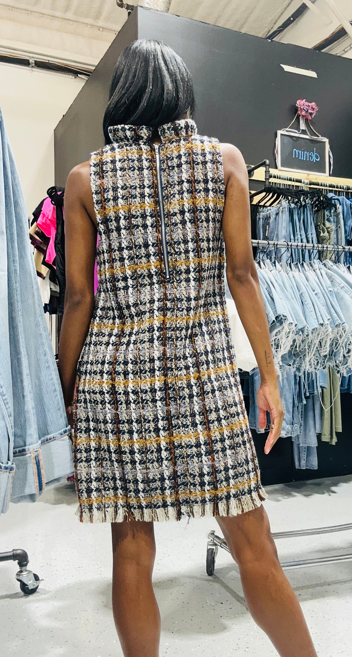 Sleeveless Plaid Tweed Dress