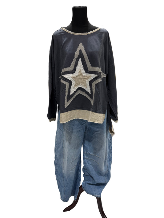 Paper Lace High-Low Tunic with Star Appliqué – Charcoal