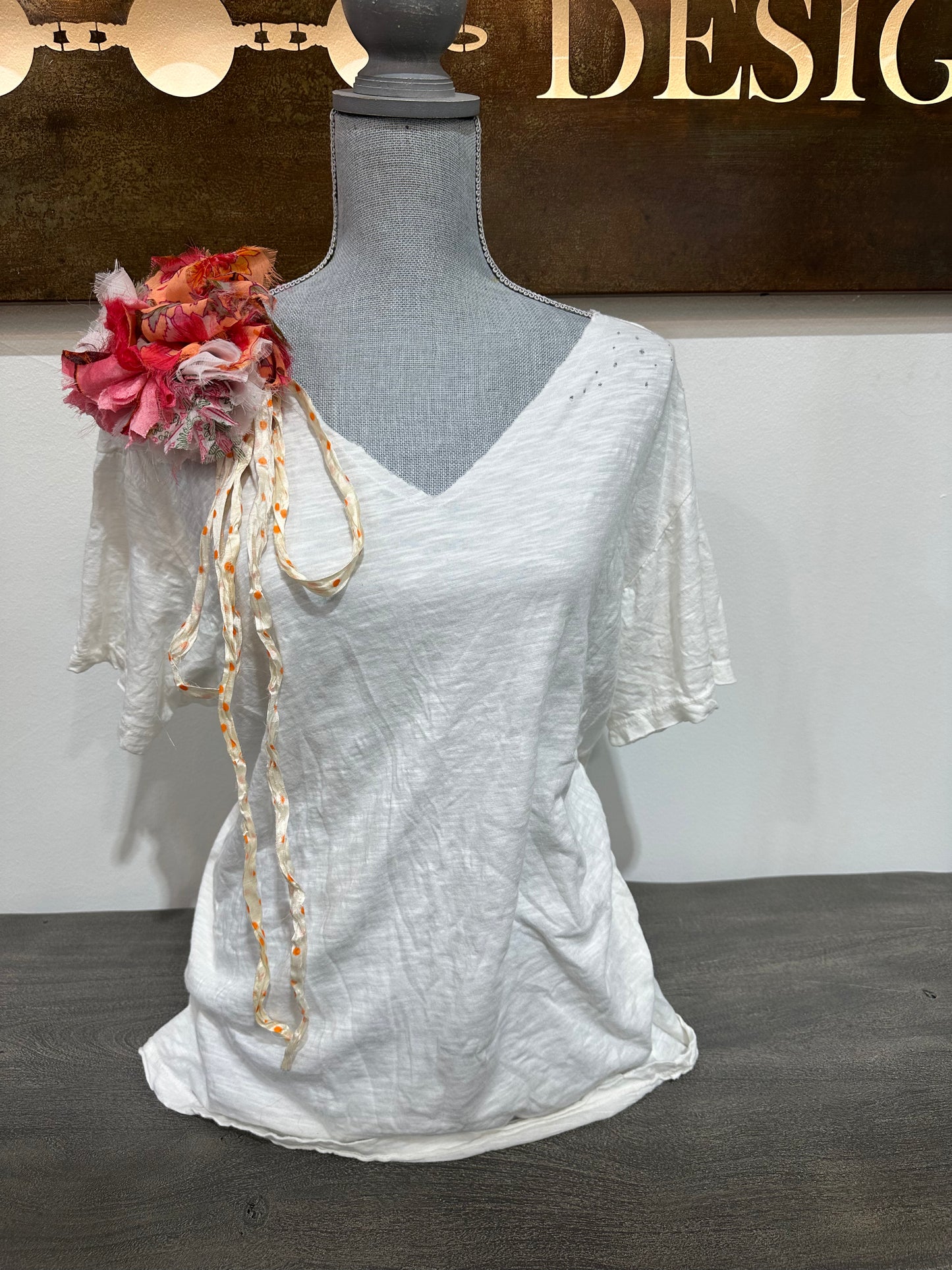 Fringe Poof Pink white peach prints w/ polka dot tie