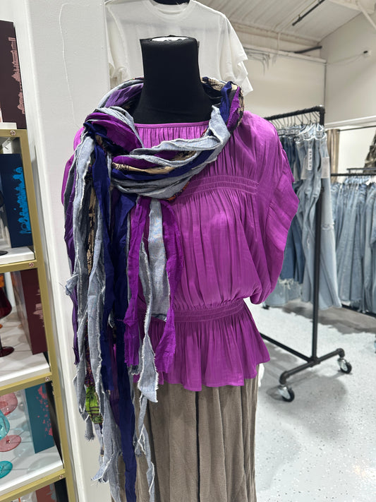 Fringe Scarf in denim blue and purples