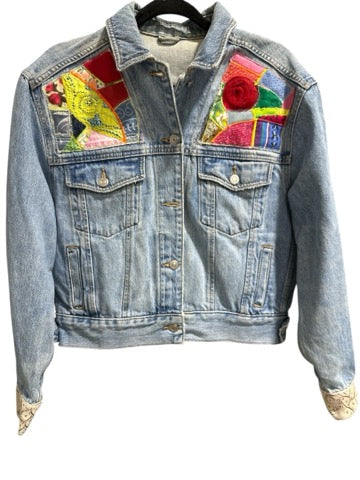Oates Handquilted Medium Light Denim Multi Color Kangaroo Jacket