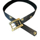 Black Leather with brass brad details and buckle