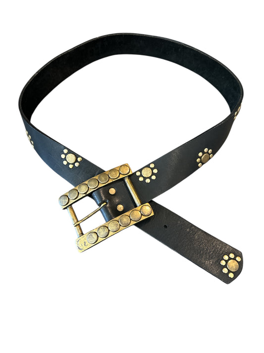 Black Leather with brass brad details and buckle