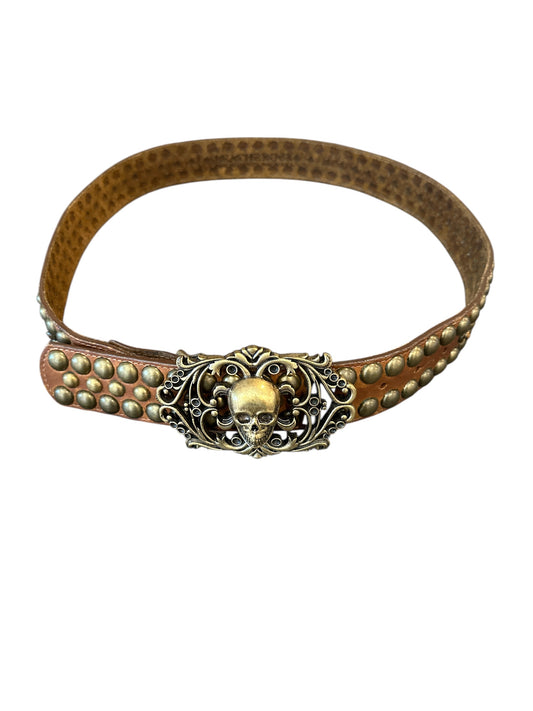 Gold Skull Belt Buckle with Brown studded belt