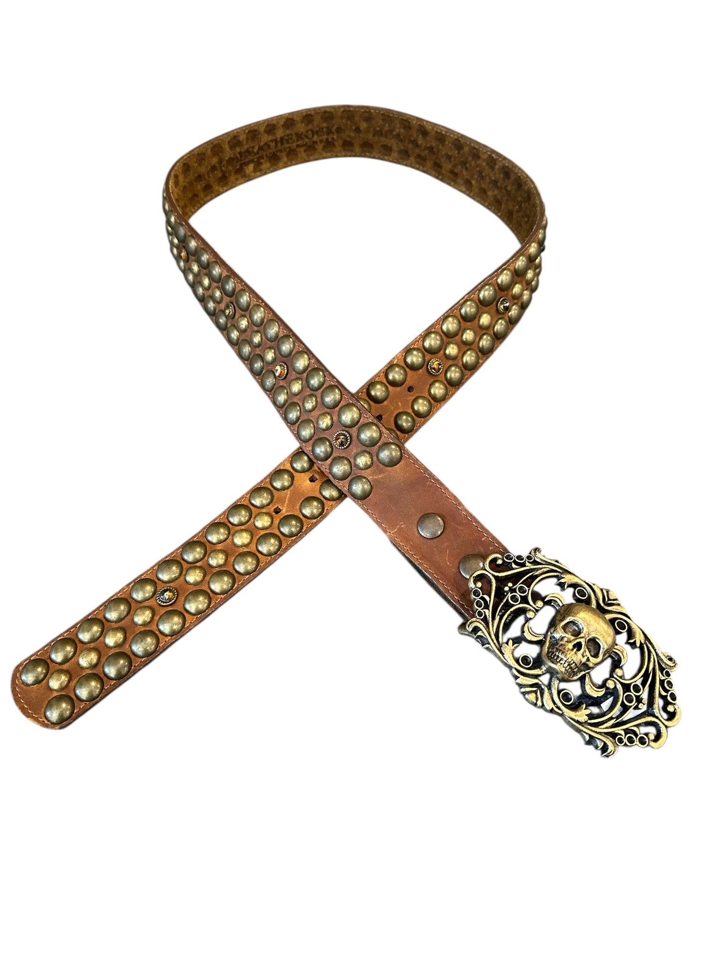 Gold Skull Belt Buckle with Brown studded belt