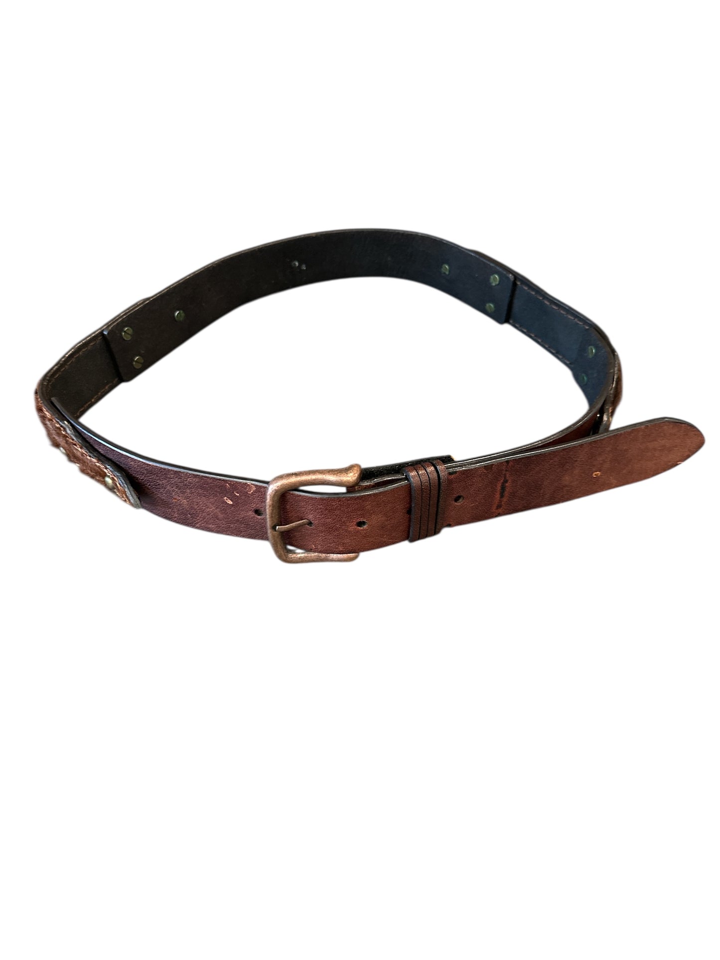Brwn Leather Belt w/ small braid & brad details