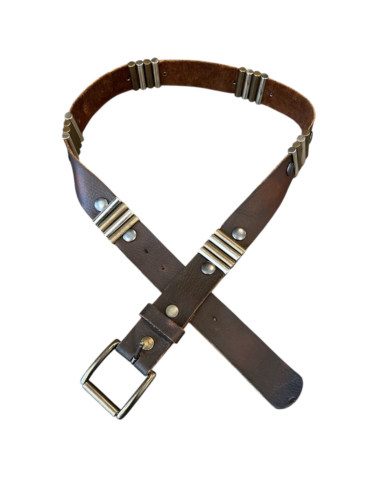 Brwn Leather Belt w/4 metal bars and brad details