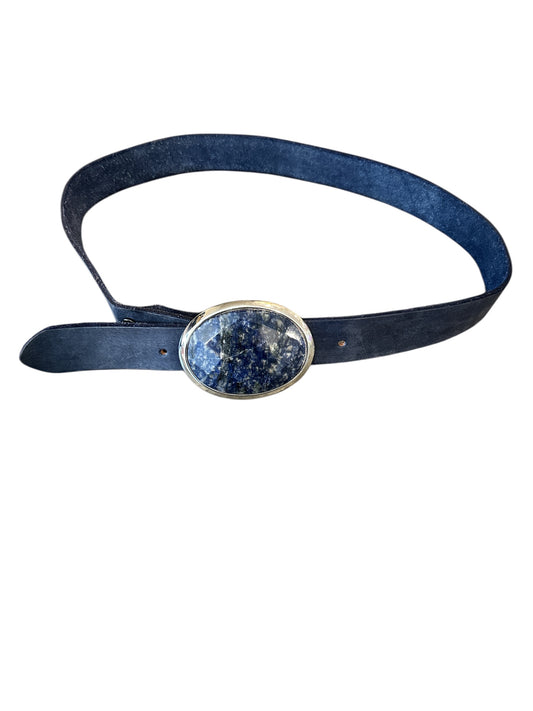 leather belt w/ Silver & Blue Stone Oval Buckle