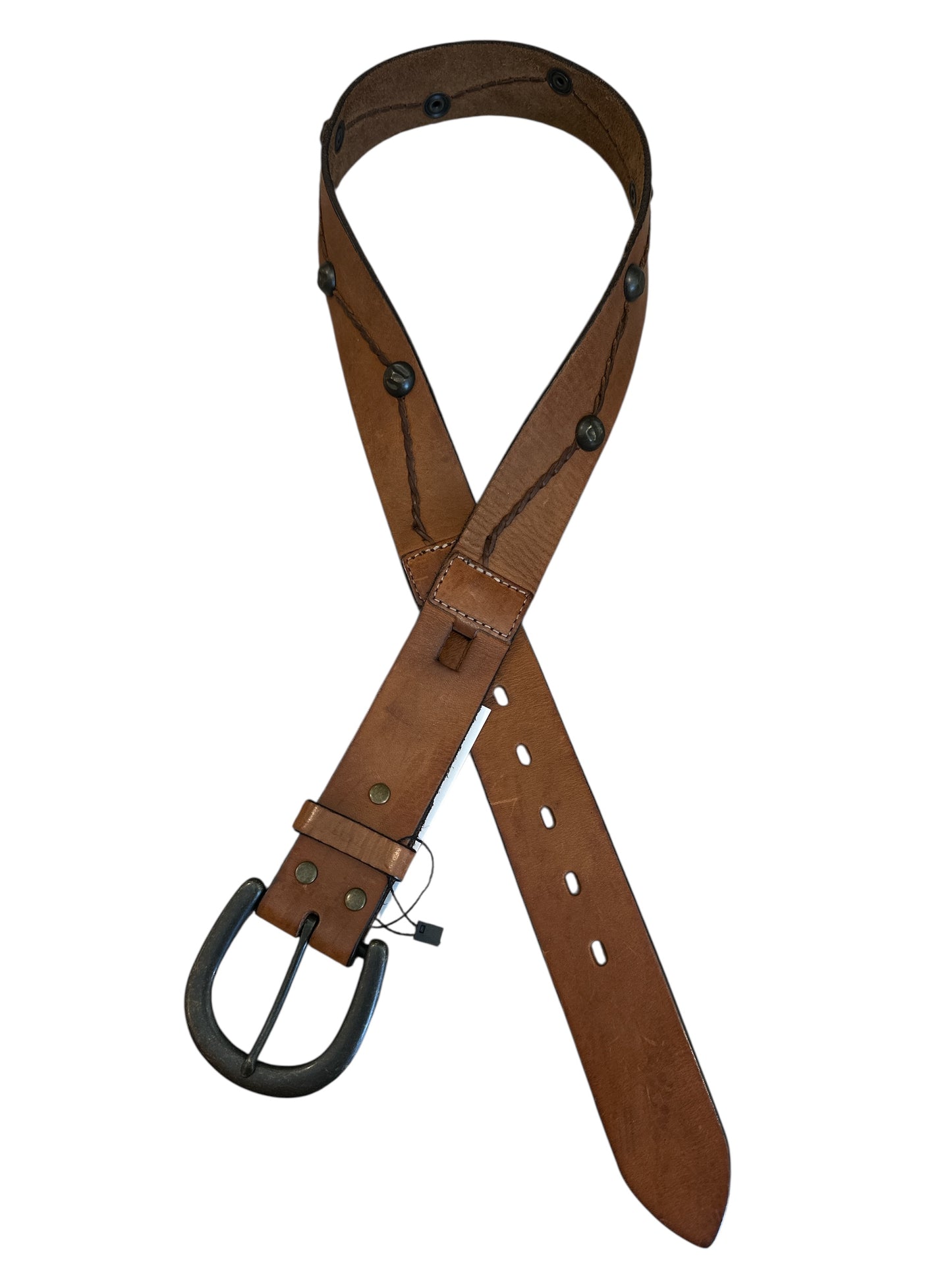 Brwn Leather Belt w/ small braid & large brad details