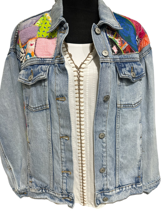 Oates Handquilted Large Dark Denim Multi Color Fuzzy Jacket