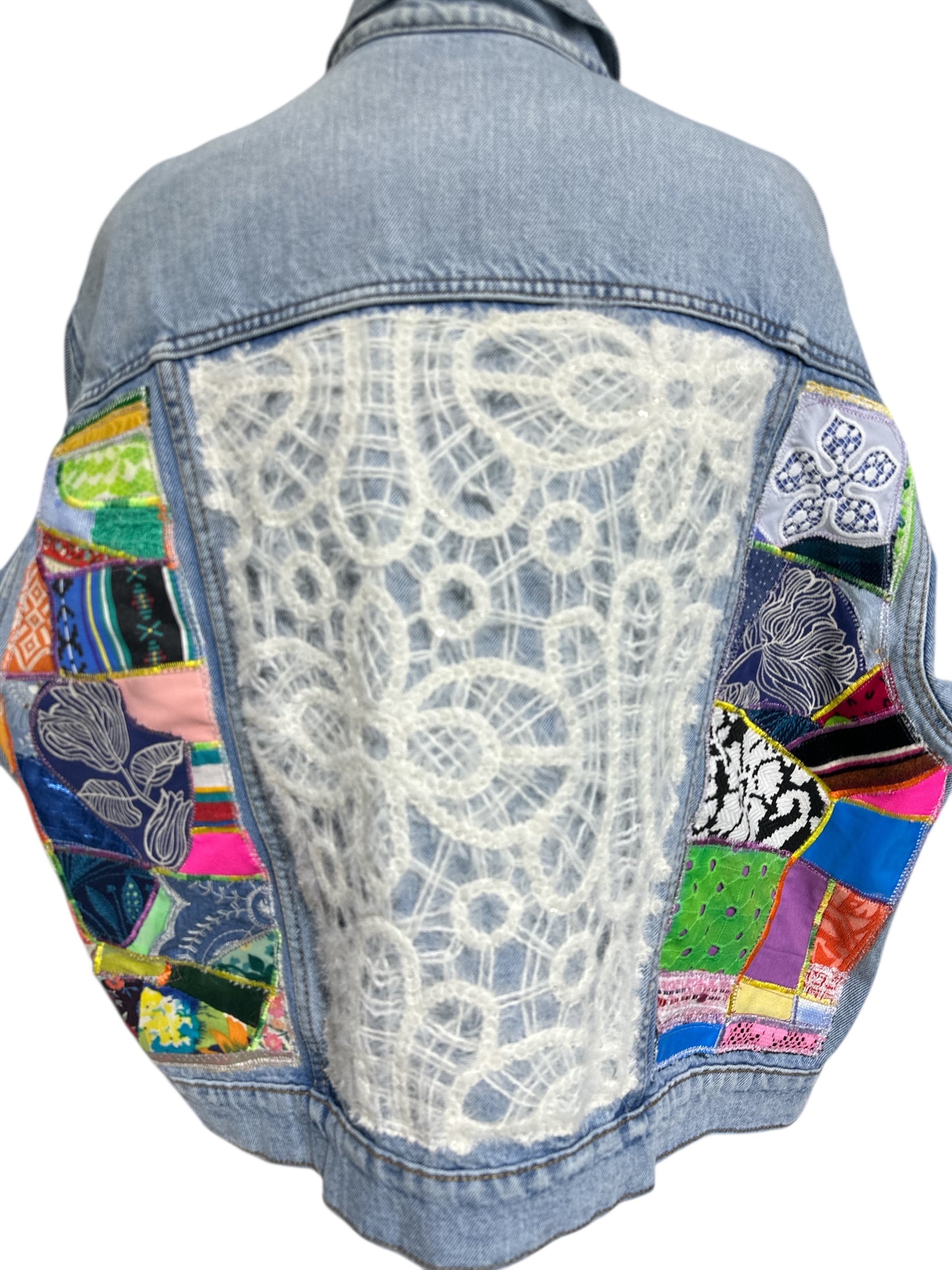 Oates Handquilted Large Dark Denim Multi Color Fuzzy Jacket